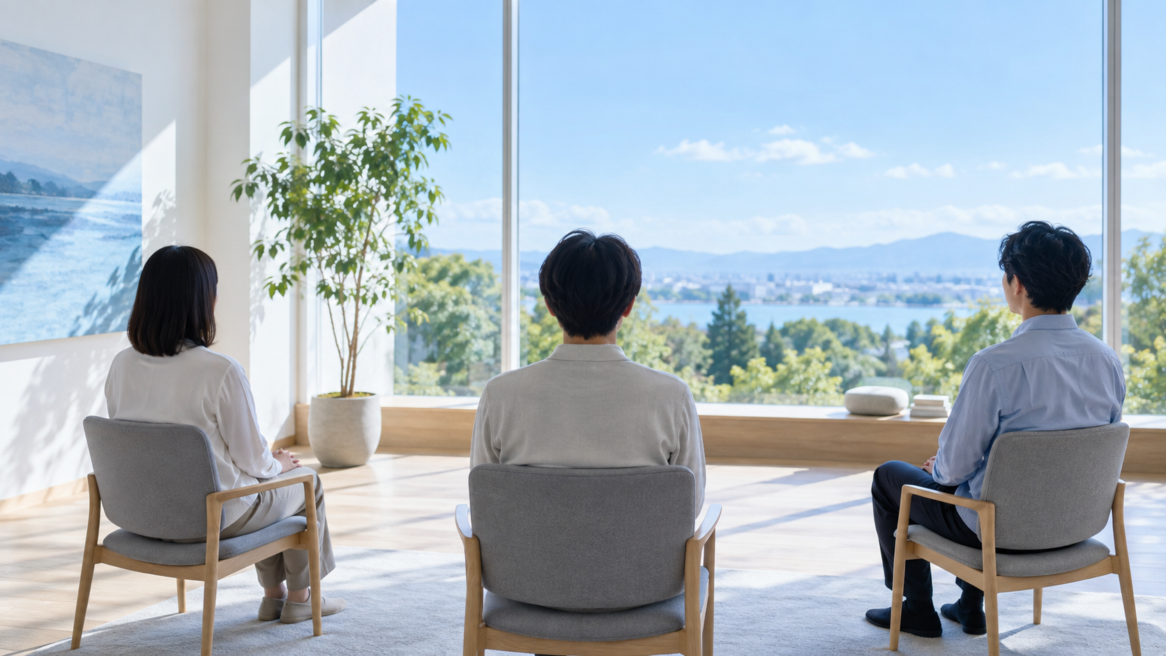自然光の入る部屋で静かにメディテーションを行う人たち