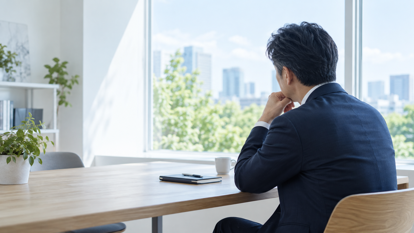 窓辺で仕事の方向性を考える経営者